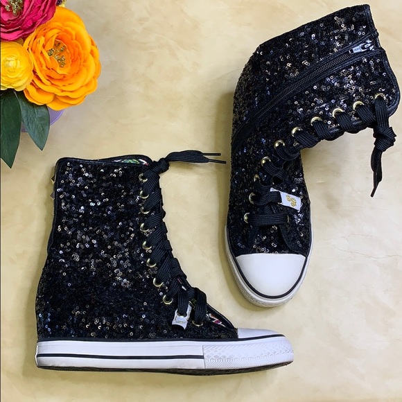 black sequin wedge sneakers